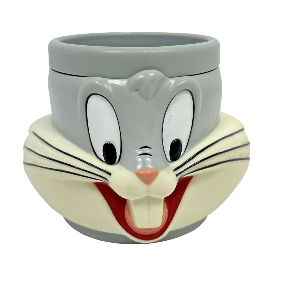Vintage Bugs Bunny Plastic Mug 1992 Warner Bros Grey White 3D 3.5”